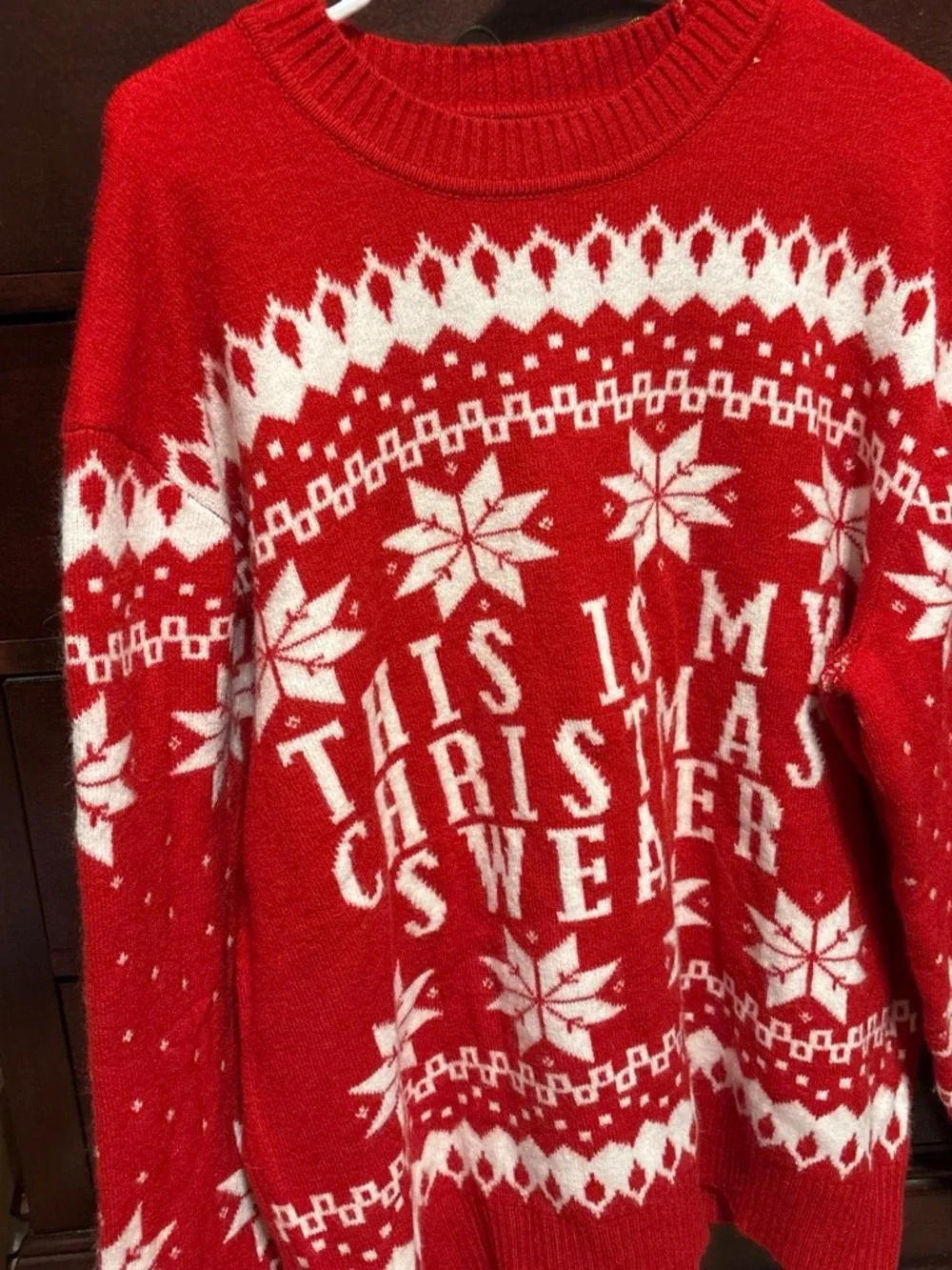 Women's Red Christmas Crewneck Sweater with White Snowflake Motif